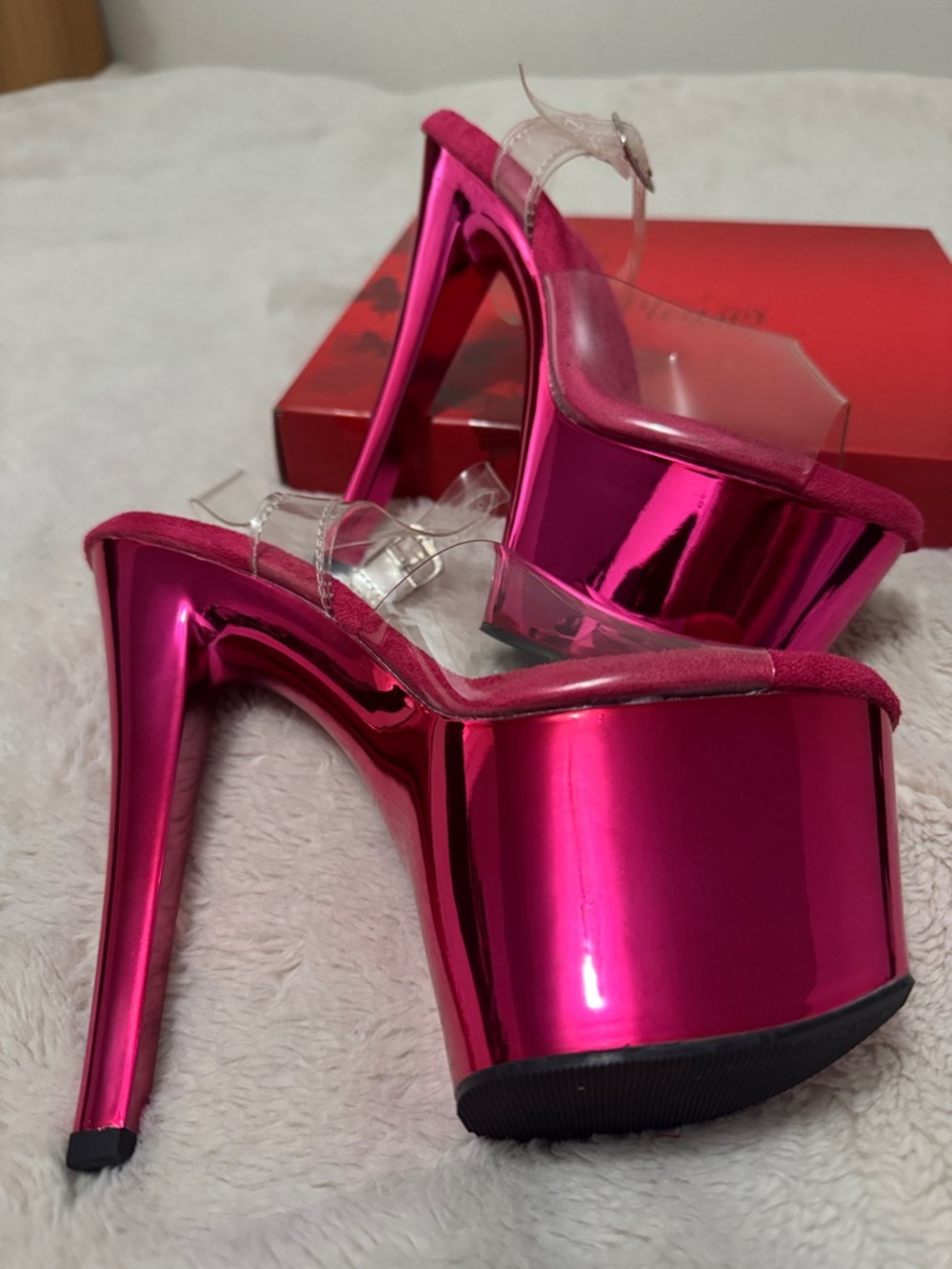 Pleaser | Metallic Pink Chrome Platform Stiletto Heels with Clear Straps | 38